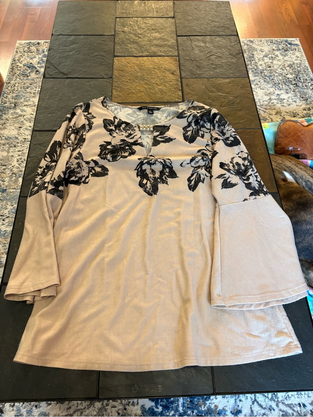 Zac & Rachel Beige Tunic with Black Floral Yoke and Bell Sleeves